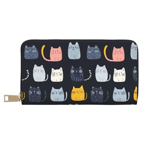 Leather Thin Slim Wallets for Women Men - Fashion Colorful Cartoon Cat Print Card Wallet Holder with Zipper