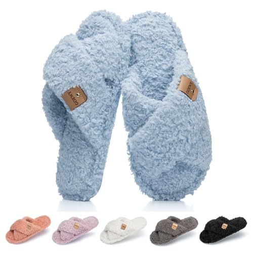 Image of GOEWY Fuzzy Open Toe Slippers for Women Cozy Memory Foam House Shoes Indoor | Cute Cross Band,Soft Faux Fur,Anti-slip Sole Outdoor,Machine-washable,Lightweight,Slip on Gifts for Women,Mom and Bridesmaid