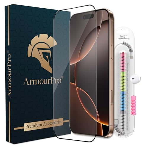 Image of ArmourPro Military-Grade Tempered Glass for iPhone 17 Pro Max - 9H Anti Scratch, Edge-to-Edge Coverage, HD Clarity, Smooth Touch, Case Friendly, Easy Installation Kit with Cable Protector