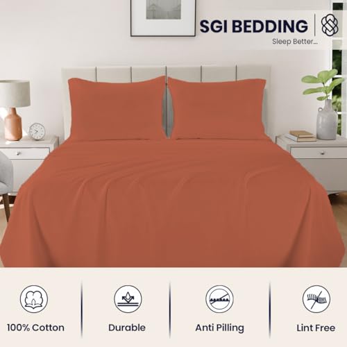 Image of SGI bedding Short Queen Bed Sheets Set - Premium 600 TC Egyptian Cotton, Crisp & Cooling Sateen Weave, Extra Soft Hotel Collection, Fits Mattresses Up to 16 Inch Deep, Long Lasting - Terracotta