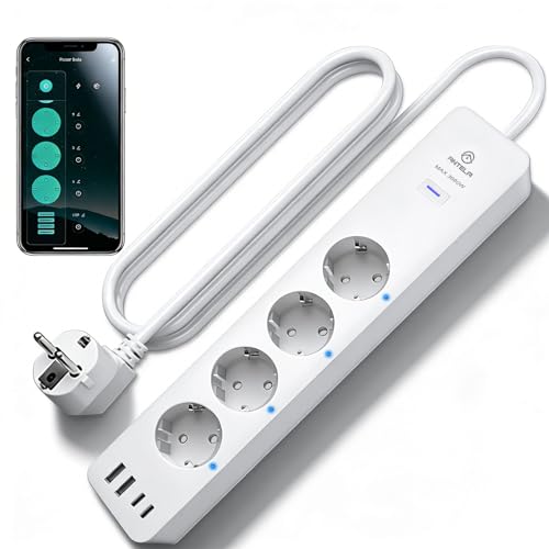 ANTELA Multiprise Connectée WiFi 16A Prise Intelligente 4 Prises 2 USB A/2 Type-C, Mesure de Consommation Électrique, Compatible avec Alexa/Google Home, Smart Life APP