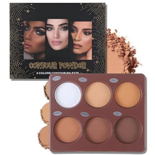 Katiluxiya Paleta de colores de contorno de 6 colores,Polvo de paleta de contornos de maquillaje claro a oscuro, kit de paleta de contornos de maquillaje, Colores mate de alto color (6, Colors)