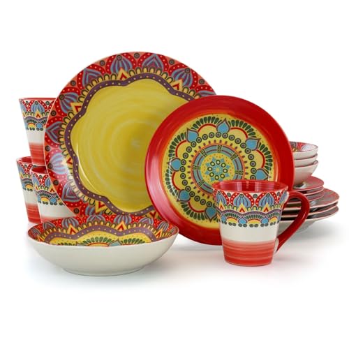 Elama Zen Red Mozaik Multicolored Round Stoneware Mandala Pattern Dinnerware Set, 16 Piece