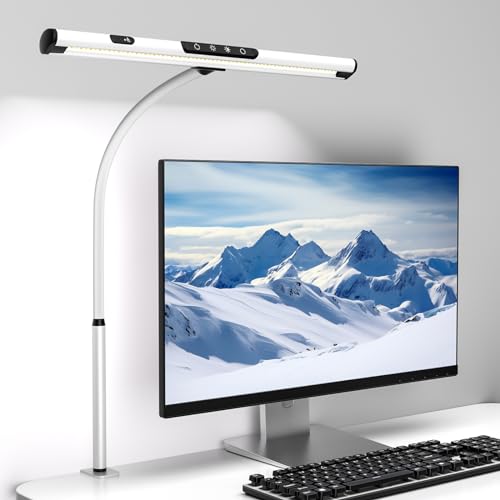 Lámpara de Escritorio LED, Lámpara de pinza de cuello de cisne ajustable con brazo giratorio, Lámpara de Escritorio de oficina con control táctil, regulación y temperaturas de color ajustables