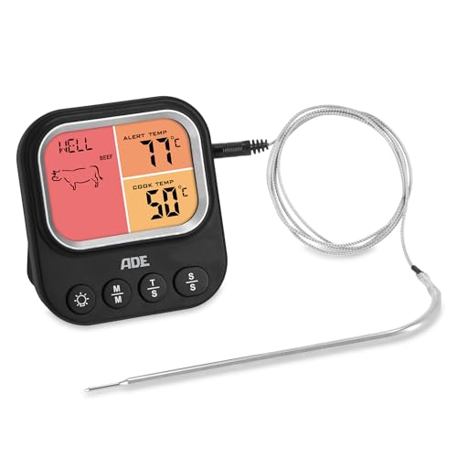 ADE Termometro da cucina digitale per carne, barbecue, alimenti, forno | lettura instantanea | display LCD | olio, latte, dolci, vino | fino a 250 °C | 1 sonda