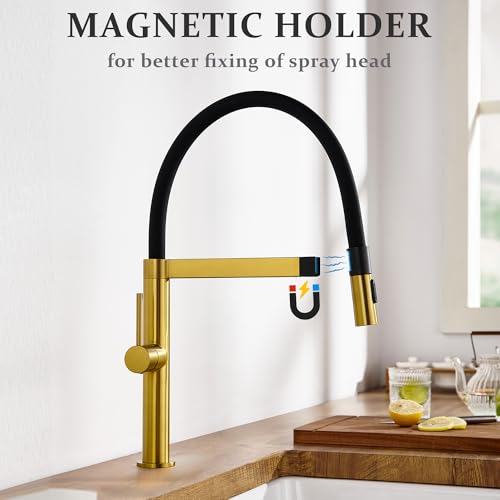Tohlar Wasserhahn Küche Gold, Hochdruck Küchenarmatur mit Herausziehbarer Brause, Einhebel Küchenarmatur aus Edelstahl 360° schwenkbarer Ausziehbar Armatur, Gebürstetes Gold