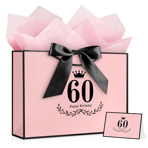 Image of JMANNI 60th Birthday Gift Bag, Pink with Black Satin Bow & Crown Design, Medium Happy 60th Birthday Present Bag for Party Favors, Size 12.60 inchx8.66 inchx4.33 inch