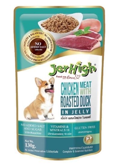 Image of Jerhigh Chicken with Roasted Duck in Jelly Dog Food 130g (Pack of 16), Made with Real Meat, 100% Complete & Balanced Meal for Adult Dogs - Sold by DogsNCats
