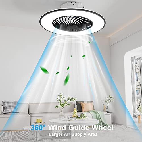 Kamlam Bladeless Ceiling Fan With 3-Color Dimmable Light, 22" Modern Enclosed Multi-Speed Low Profile Ceiling Fans With Remote Control, For Bedroom/Dining Room/Kitchen Flush Mount (Black) #TOP4