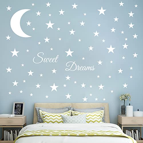 Stars And Moon Wall Decal With Sweet Dreams Quotes Wall Stickers Star Decals For Walls Nursery Wall Decal, White Vinyl Wall Moon Stars Removable Peel And Stick Wallpaper For Kids Girls Boys Bedroom #TOP1