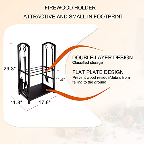 Babylon Fireplace Tools Log Rack Set with 4 Piece Tools Wrought Iron Black Fireplace Tools Firewood Holder Carrier Storage Rack with Brush Shovel Poker Tongs for Indoor Outdoor