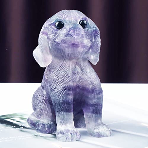 Smq 3 Inches Healing Crystal Dog Statue Figurine,Hand Carved Rainbow Fluorite Gemstone Puppy Pet Memory Figurines Healing Reiki Sculpture For Home,Office Decor #TOP4
