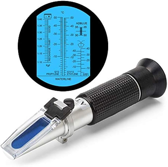 4-in-1 DEF Antifreeze Coolant Refractometer for Automobile Antifreeze System, Diesel Exhaust Fluid, Battery Acid and Windshield Washer Fluid