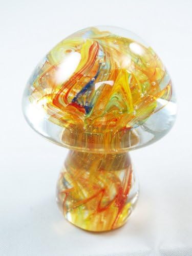 M Design Art Hand Craft Rainbow Mix Flame Pattern Mushroom Glass Paperweight