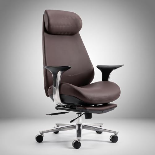Drogo Amara Ergonomic Office Chair for Work & Home– Luxury Semi-Silicone Leather, 5cm Seat Depth Adjustment, Curved Headrest, PU Aluminium Armrest, 135° Recline with 3 Point Lock, Footrest(Dark Brown)