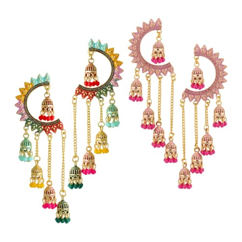 Image of WORLD CRAZE Multicolour long kashmiri jhumka for women chandbali earrings chand baliyan | kashmiri earrings for women | bahubali earrings stylish | Traditional Indian Festive Jewelry | Long Chain Tassels | Pearl Drop Latkan Jewellery (Multi colour)