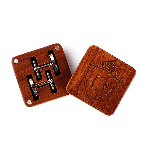 Image of Mens Initial Silver Cufflinks A-Z Alphabet Letter Steel Cuff Links with Engraved Walnut Wood Box Groom Groomsman Wedding Set