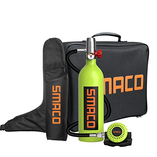 SMACO Mini Scuba Tank Scuba Diving Equipment Support 15-20 Mins Breathing Underwater(No More Than 30m) 1L Diving Oxygen Tanks Diving Gear for Water Rescue/Diving Sightseeing/Backup Air Source, Green
