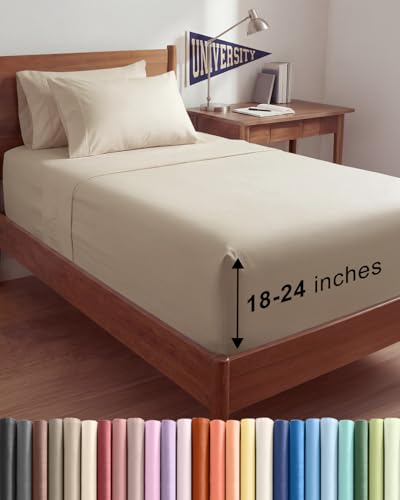 Image of Extra Deep Twin XL Sheet Set - 4 Piece Breathable & Cooling Sheets - Wheat | Hotel Luxury Bed Sheets Set, Easy & Secure Fit, Ultra-Soft, Wrinkle & Fade Free, Comfy Sheets Set with Extra Deep Pockets