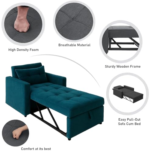 Image of CASASTYLE Trissa 1 Seater Fabric Pull-Out Sofa Cum Bed (Greenish Teal) Comfortable & Premium Velvet Finish