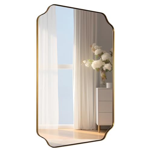 MIRRORART Gold Bathroom Mirror 24x36 Inch, Scalloped Mirrors for Bathroom Sink, Notched Corner Rectangle Mirror in 1’’ Stainless Steel Metal Frame Home Remodel Wall Mount Vertical/Horizontal