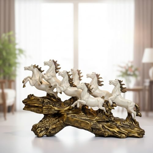 Image of eCraftIndia White Resin 7 Running Horses Showpiece | Horse Statue for Home Decor Office | Decorative Horse Sculpture with Golden Wave Base | Feng Shui Items for Good Luck