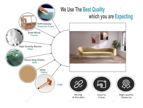 Image of Rosewood Luxury Curved Sofa in Premium Velvet-Fabric | Solid Wood Structure | High Density Foam | Sturdy Golden Legs | Comfortable & Stylish Couch for Modern Living Room (Camel, 3 Seater)