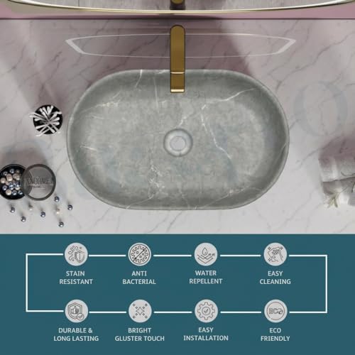 Image of BASSINO 22x14x6 Inches Ceramic Table Top Wash Basin /Designer Bathroom Sink /Matt Countertop Vessel Basin /Oblong-Oval Above Counter Basin /Wash Basin for Bathroom /Dining Hall(White and Grey Marble)