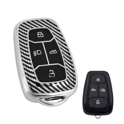 Image of arika Key Cover Compatible with Tata Harrier | Safari | Nexon | Altroz | Tigor | EV | Punch | Tiago EV Electric - 4 Button Smart Key , Sterling Silver Carbon Series