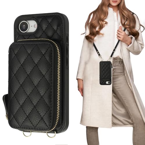 Bocasal Crossbody Wallet Case for iPhone 16e, RFID Blocking PU Leather Zipper Handbag Purse Flip Cover, Kickstand Folio Case with Card Slots Holder Wrist Strap Lanyard 6.1 Inch 5G (Black)