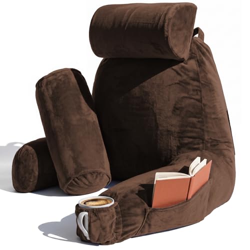 Image of Nestl Reading Pillow with Shredded Memory Foam Includes 2 Neck and Lumber Support Pillows, Designed for Sitting Up in Bed and Couch, Back and Arms Adjustable Support for Adult & Teens, Chocolate Brown