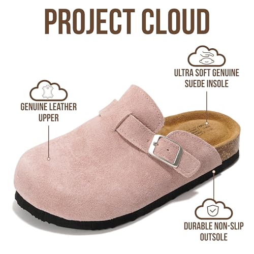 Image of Project Cloud Kids Clogs 100% Genuine Leather with Natural Cork Footbed & Memory Foam Insole Arch Support - Non-Slip Clogs for Kids - Slippers Sandals for Boys & Girls Footwear