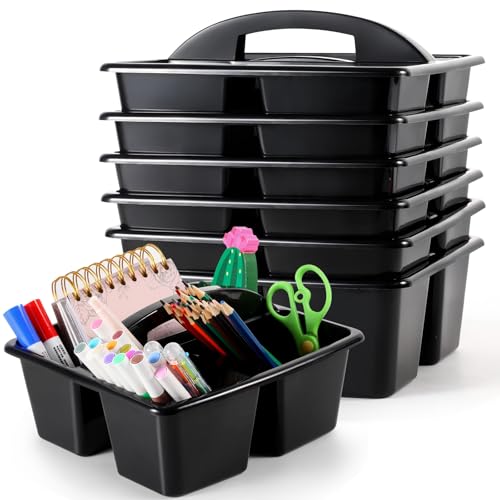 6 Pack Classroom Caddy with Handle Plastic Storage Caddy Organizer with 3 Compartments Desk Caddies Holder Portable Storage Bin for Pencil, Crayon, Marker, Home, Office, School Supplies(Black)