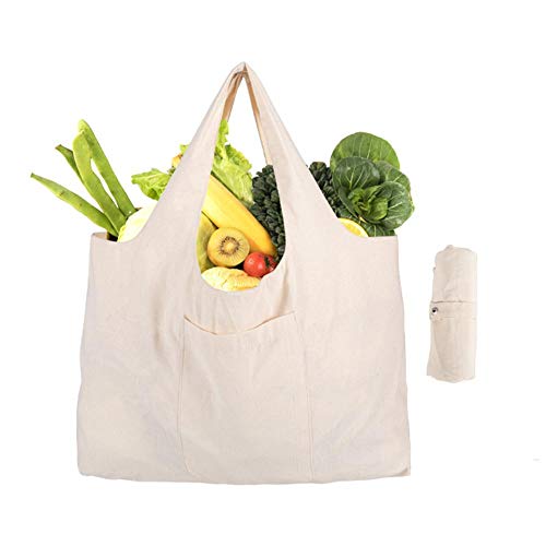 EUBEISAQI Bolsas de Compras Plegables de Lona Reutilizables en Blanco con Bolsillo pequeño para Cocina o supermercado Regalo de Playa Camping