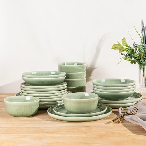 GBHOME Dinner Set for 6, 24 Piece Stoneware Set - Round Reactive Glaze Plates & Bowls, Highly Chip and Crack Resistant | Dishwasher and Microwave Safe Crockery Set