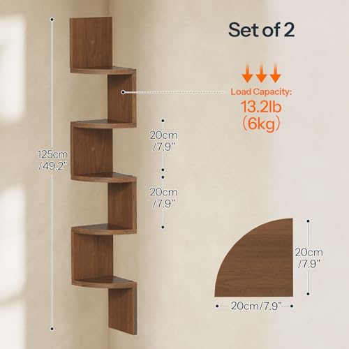 Image of HOOBRO Corner Shelf Wall-Mounted, Set of 2 Floating Corner Shelves for Wall, 5-Tier Corner Bookshelves for Living Room, Bedroom, Bathroom, Home Office, Walnut WL26BJP201