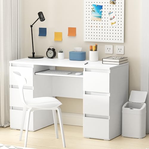 Furniwood White Desk with Drawers Computer Desk for Bedroom, Home