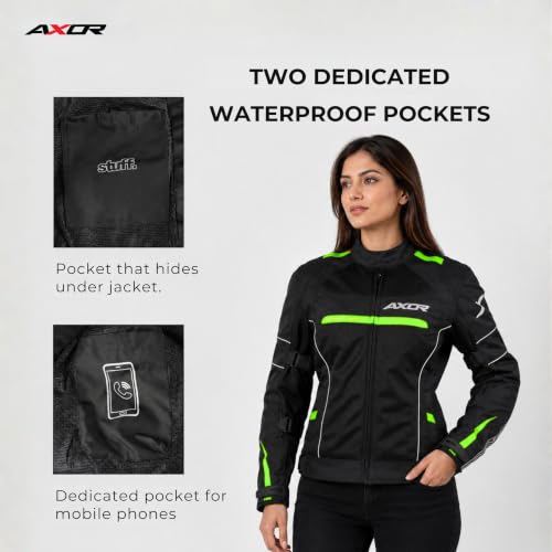 Image of Axor Divazz Women Motorcycle Riding Jacket, CE Armour Protective Bike Jacket, All-Weather Touring Riding Gear with Ventilation Panels, Black Neon Green, L