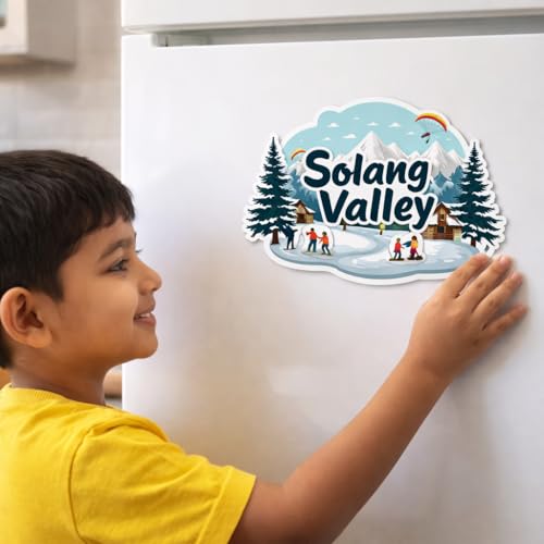 Image of Naxon Solang Valley Theme Souvenir Wooden Fridge Magnet | Snow Adventure & Himalayan Valley Design 3x3 Inch Refrigerator Magnet for Kitchen & Home Decor | Travel Gift from Himachal Pradesh | Pack of 1