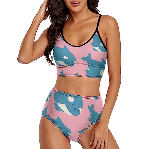 Cartoon Orca Whale Women's Two Piece Swimsuit Sexy Bikini Set High Waisted Bathing Suit L