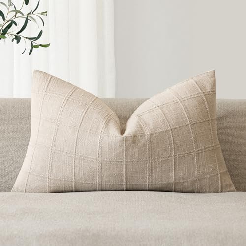 Image of Foindtower Set of 1 Decorative Linen Check Throw Pillow Cover Neutral Farmhouse Lumbar Cushion Cover Modern Boho Home Decor for Sofa Chair Couch Bedroom Living Room,12x20 Inch,Natural Linen