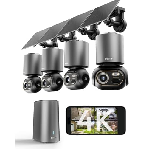 BOTSLAB 4K 8MP Camera Surveillance Exterieure sans Fil, 4 Cam-Kit, Zéro Frais, 360° Panoramique PTZ, 8MP WiFi Solaire Caméra Exterieur à Batterie,