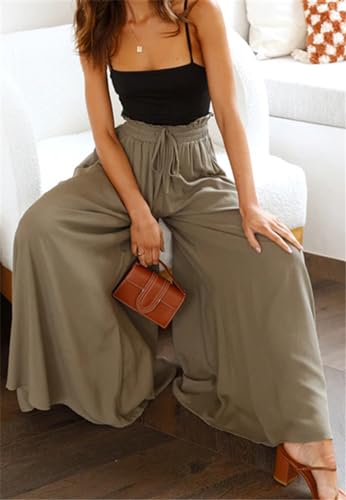 Anna-Kaci Solid Color Shirred High Waist Wide Leg Palazzo Pants for Women4