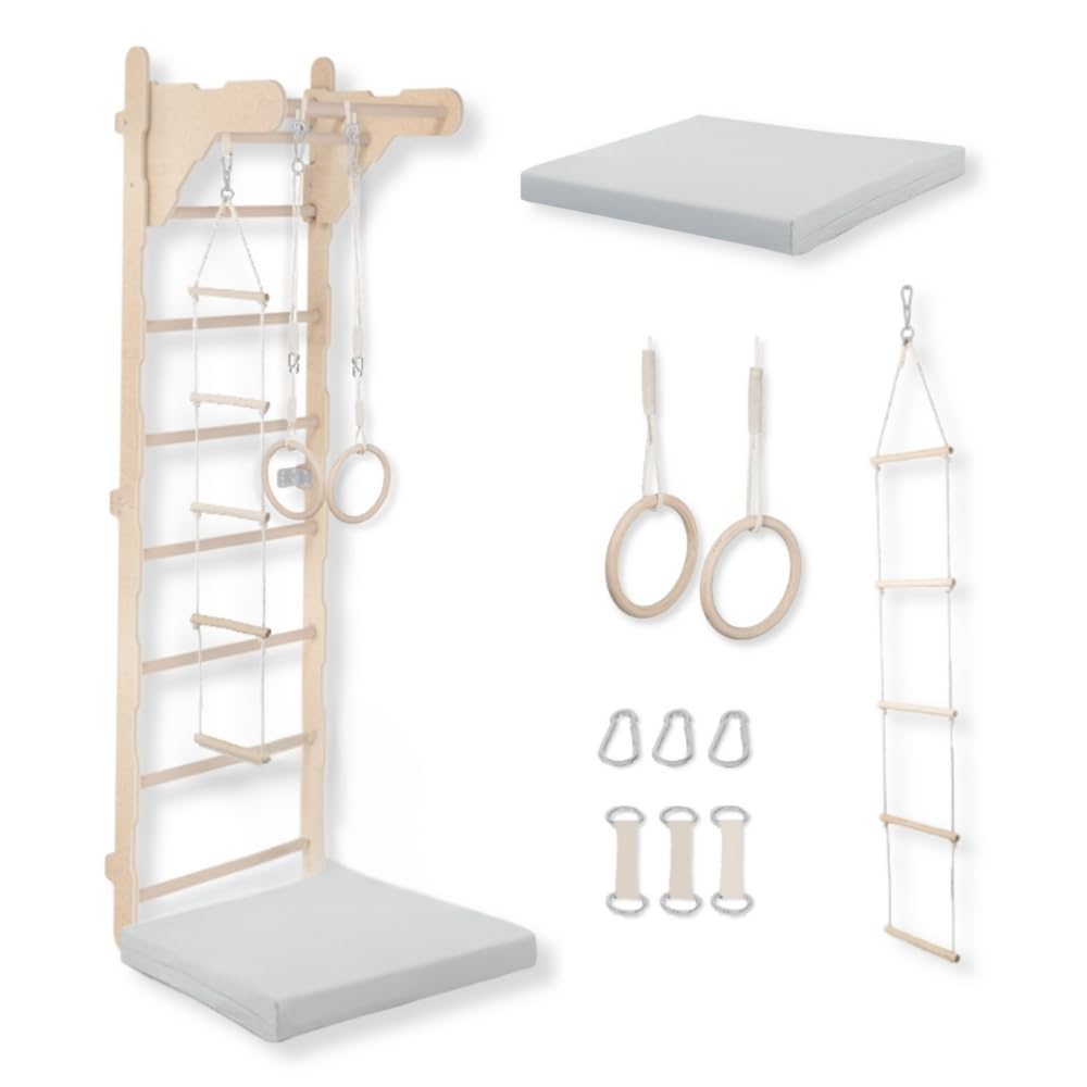 Ginnastica parete per bambini (210 cm) | scala in legno montata a parete | scala da arrampicata per bambini | anelli da ginnastica | tappetino protettivo | corda da arrampicata | 100% ECO | prodotto