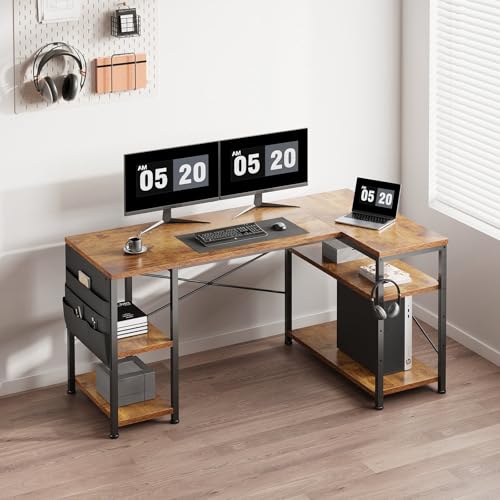 YeTom l字デスク机pcデスク幅130cm パソコンデスク勉強机学習机 左右入替可棚板高さ調節可能 収納袋付き オフィスデスク ワークデスクビンテージ