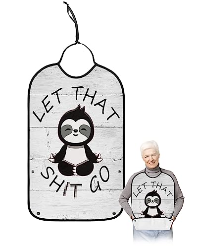 Cartoon Black Animals Adult Bibs for Eating, Waterproof Bibs with Food Catcher & Adjustable Snap Closure, Let That Shit Go Rustic White Wood Clothing Protectors Adult Bibs for Elderly Women/Men