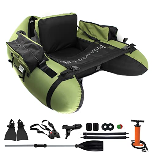 Xproutdoor Fishing Float Tube with Adjustable Backpack Straps, Storage Pockets, Fish Ruler, Fly Fishing Boat with Pump, Oar, Rod Holder and Mount, Fins, 350LBS Load Bearing Capacity, FT003,Green