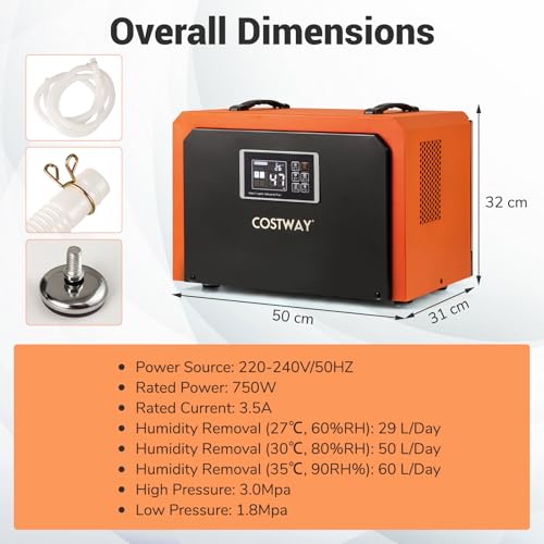 COSTWAY 60L/Day Commercial Dehumidifier, Industrial Air Dehumidifiers Building Dryer with 24H Timer, Auto Defrost, Handle, Drain Hose & Intelligent Protection System, Large Spaces up to 560㎡ (Orange) - Image 5
