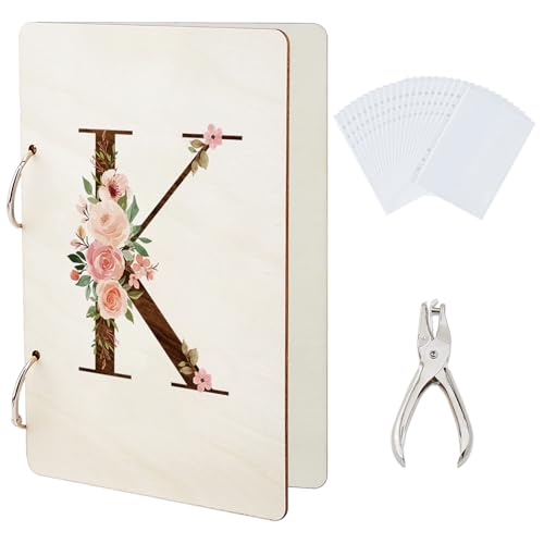 SUPERDANT Letter K Greeting Card Organizer Flowers Planning Book Postcard Keeper Birthday Wooden Cards Binder Photo Album Cover with Punch and 20pcs Inner Pockets Personalized Gifts