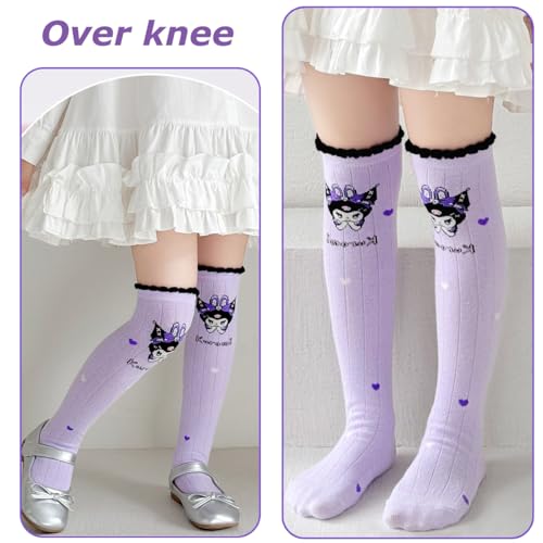 Image of 4 Pairs Knee High Socks for Girls & Women, Cute Cartoon Thicken Over Knee Stockings Cotton Long Socks Halloween Costume 15 inch